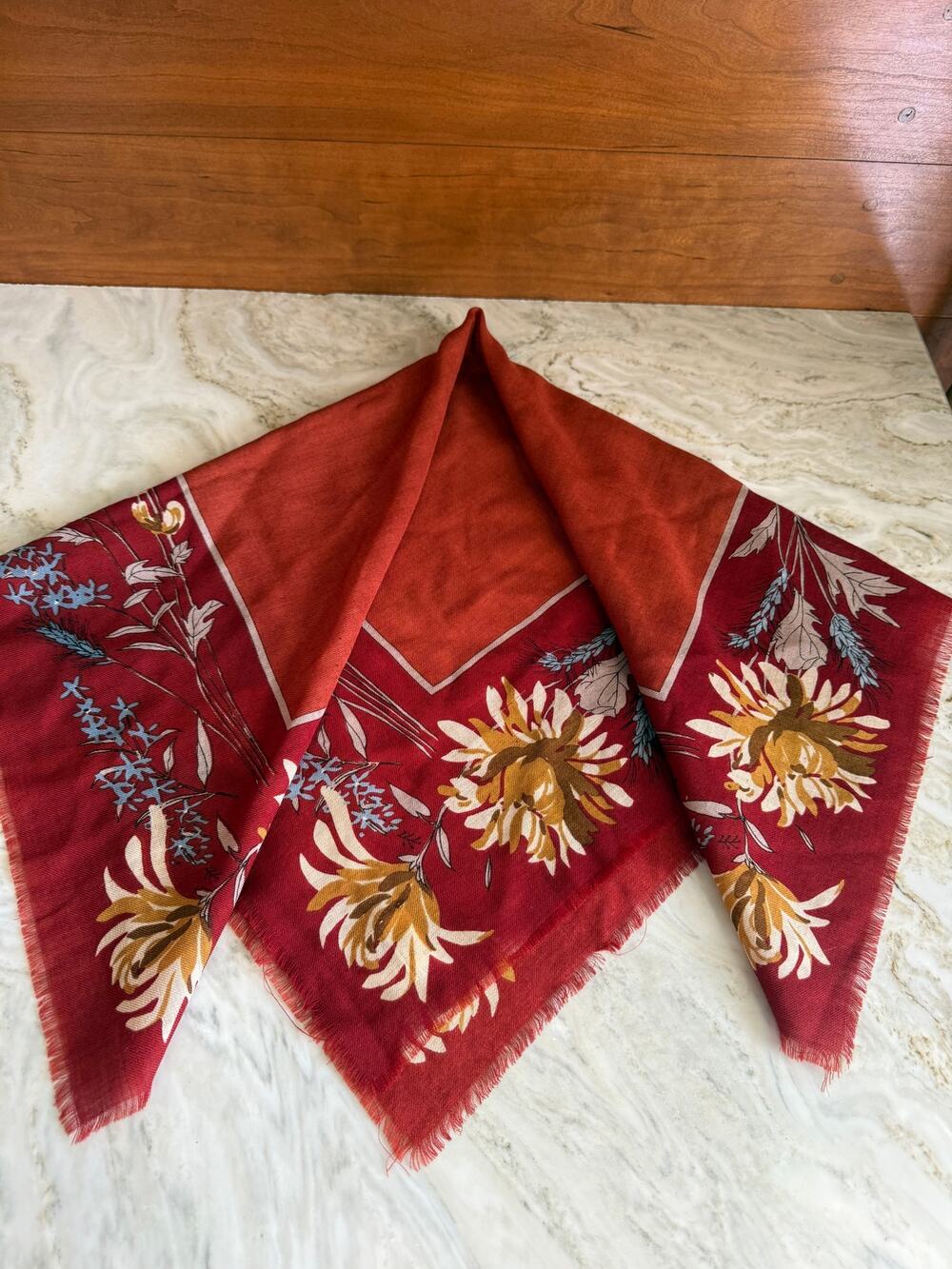 Vintage Vera Neumann Wool Scarf Burnt Orange Brick Red Fall Print